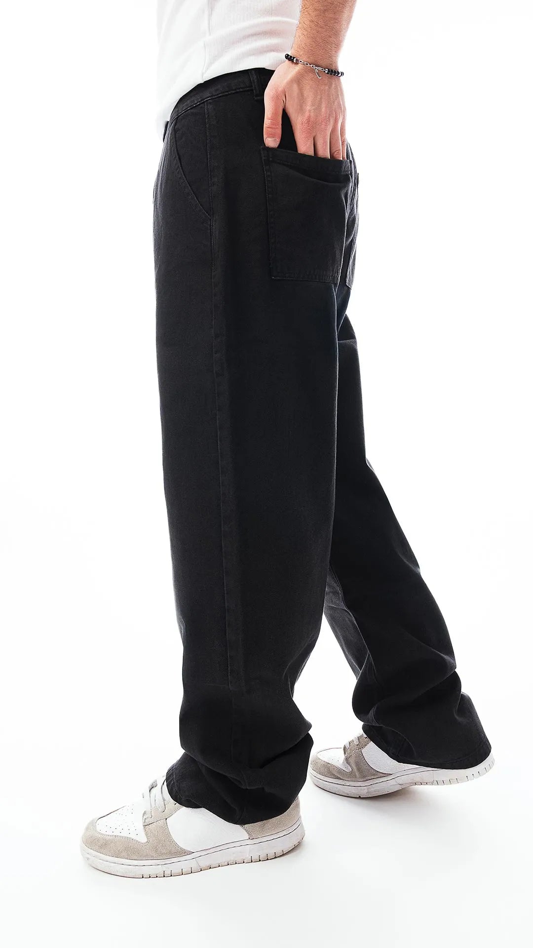Pantalone Baggy Uomo in Tela Nera – Tasche a Filo, Fit Oversize, Stile Pulito