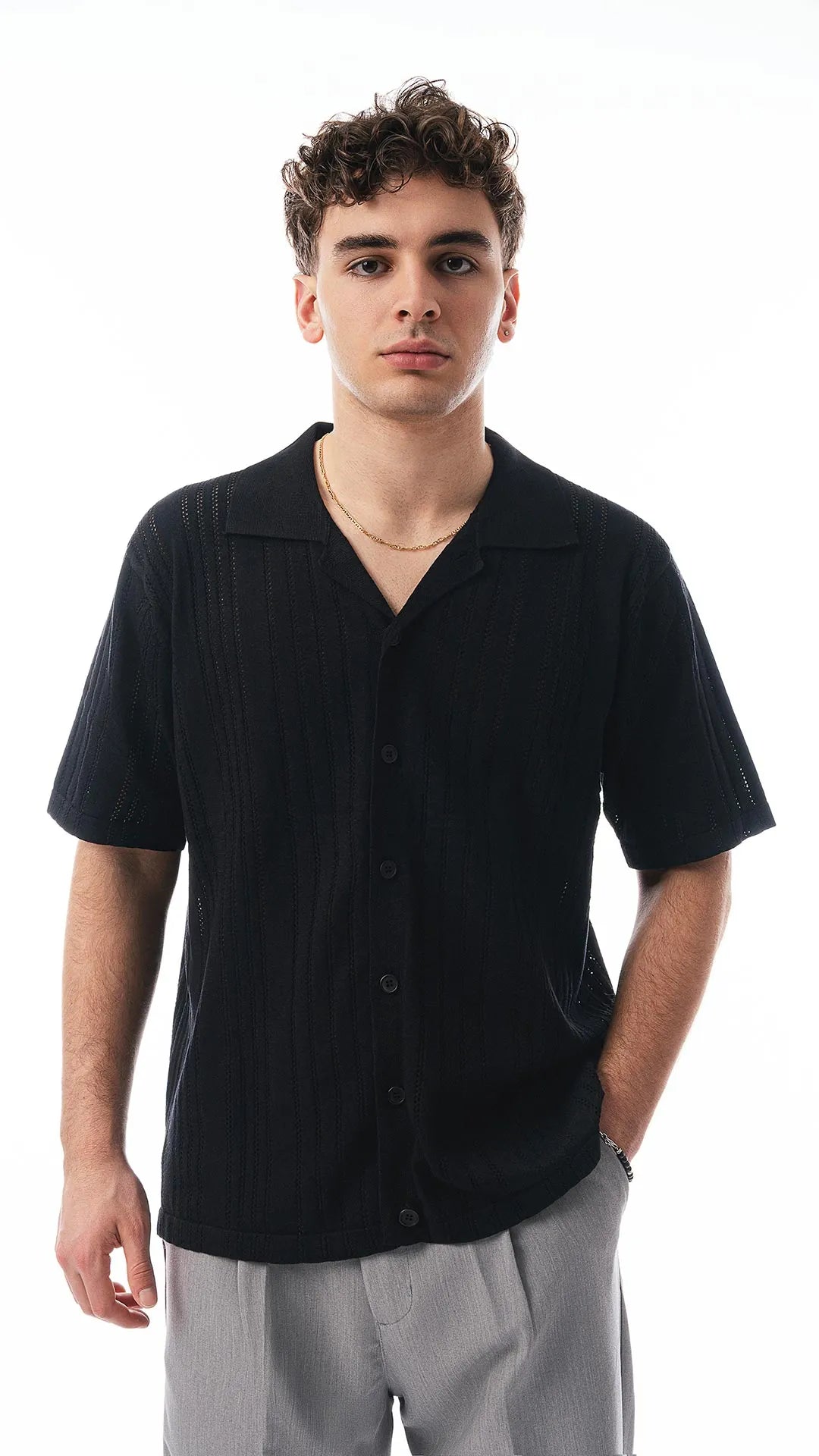 Camicia mezze maniche in tessuto traforato testurizzato - nero