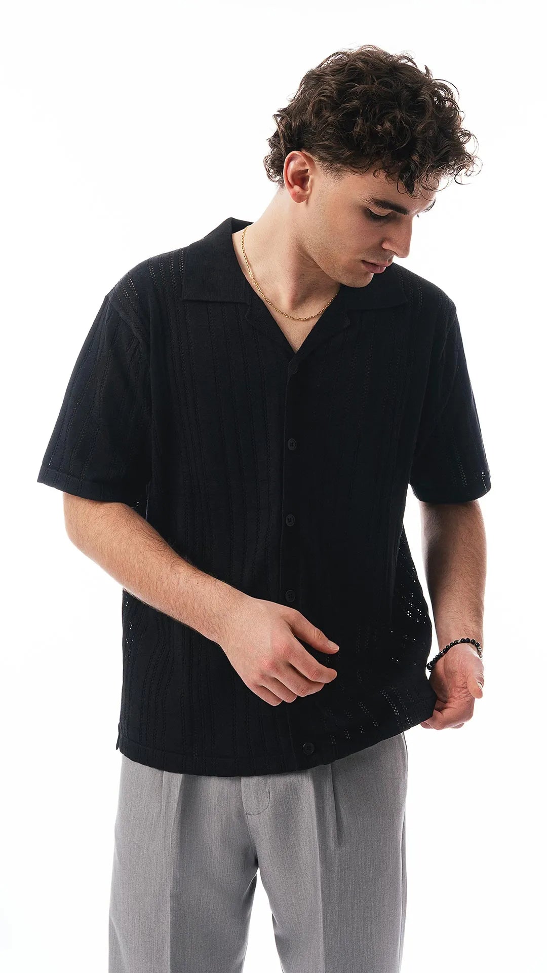Camicia mezze maniche in tessuto traforato testurizzato - nero