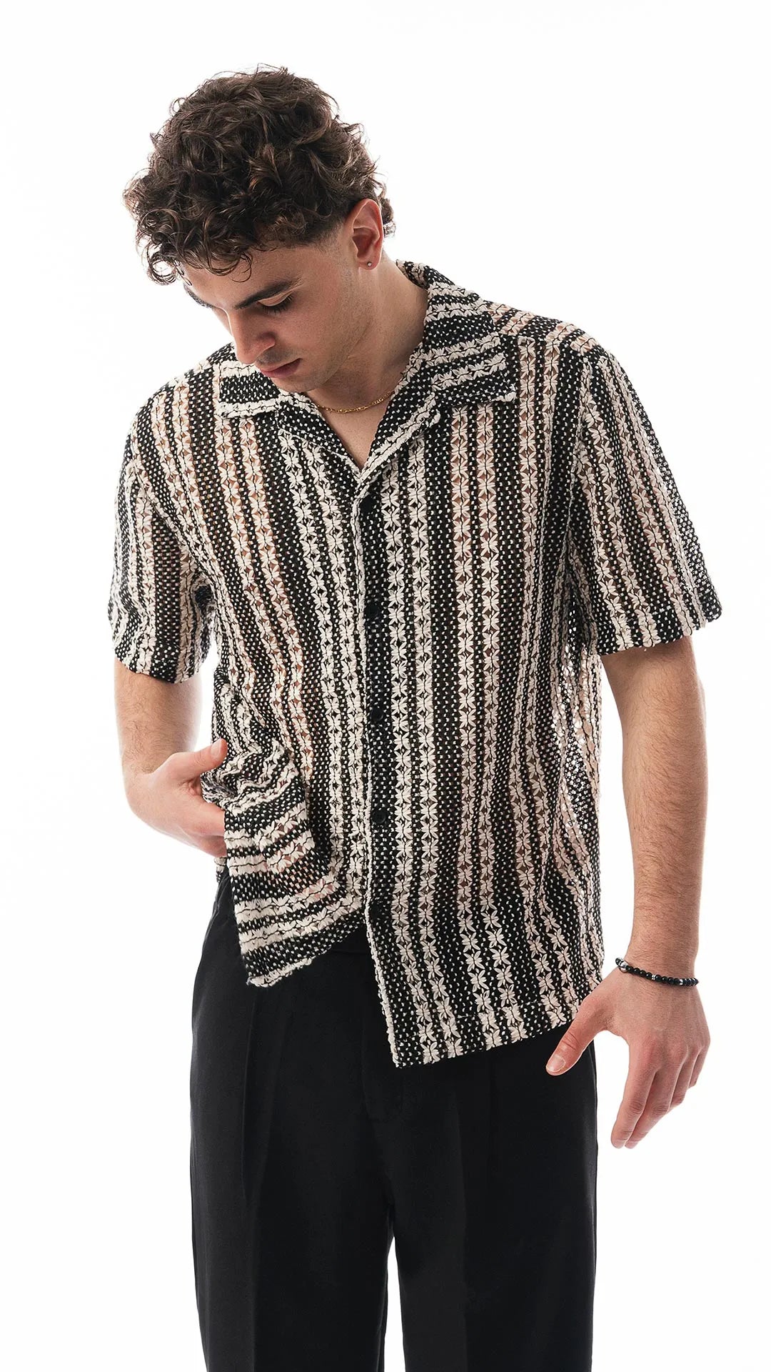 Camicia Uomo Estiva Écru e Nera – Colletto Bowling, Senza Tasca