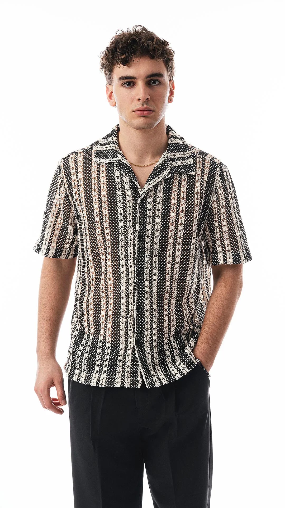 Camicia Uomo Estiva Écru e Nera – Colletto Bowling, Senza Tasca