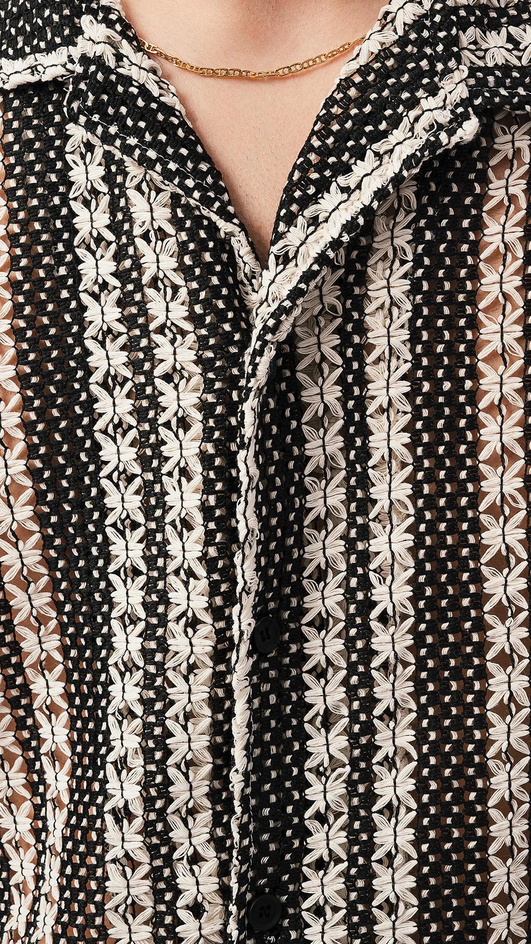 Camicia Uomo Estiva Écru e Nera – Colletto Bowling, Senza Tasca