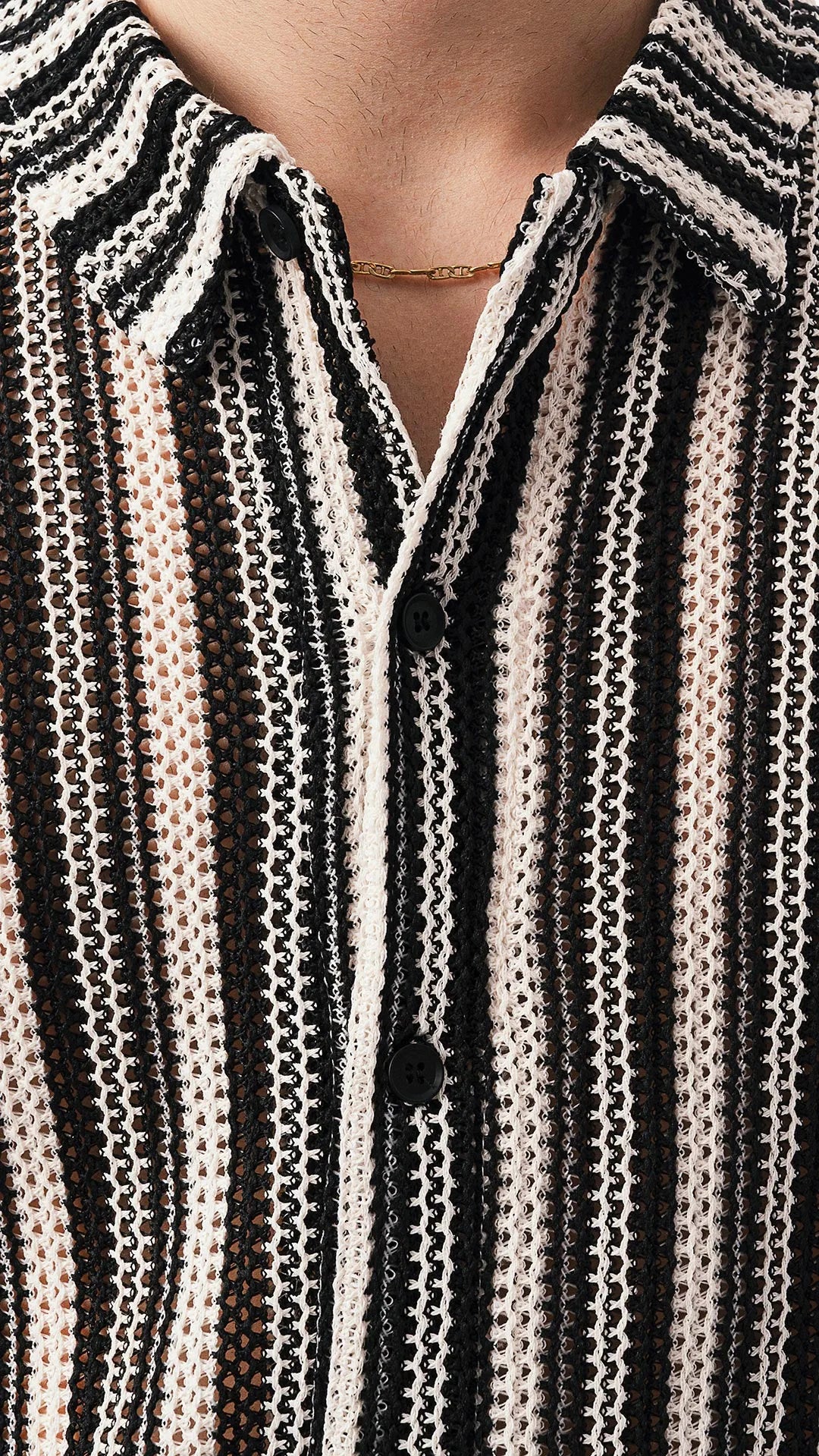 Camicia Uomo Écru e Nera – Stile Uncinetto, fantasia Verticale con Colletto alla Francese