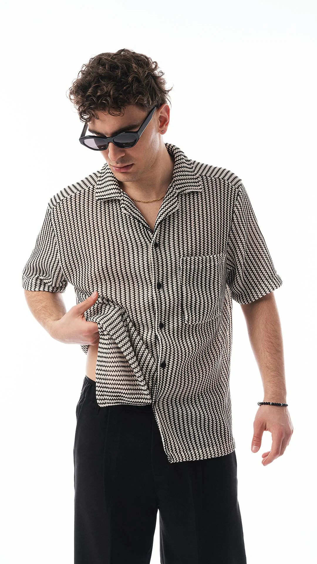 Camicia Uomo Stile Uncinetto Écru e Nero – Con Taschino Laterale