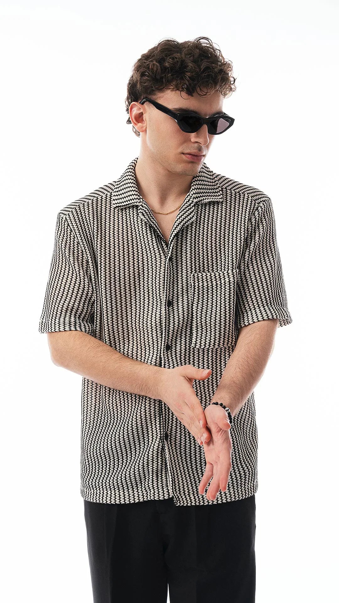 Camicia Uomo Stile Uncinetto Écru e Nero – Con Taschino Laterale