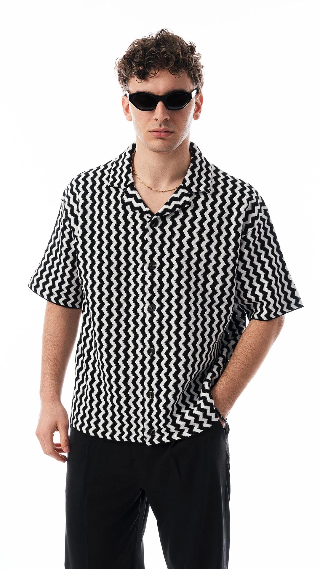 Camicia oversize fantasia wave in cotone a mezze maniche-  nero/bianco