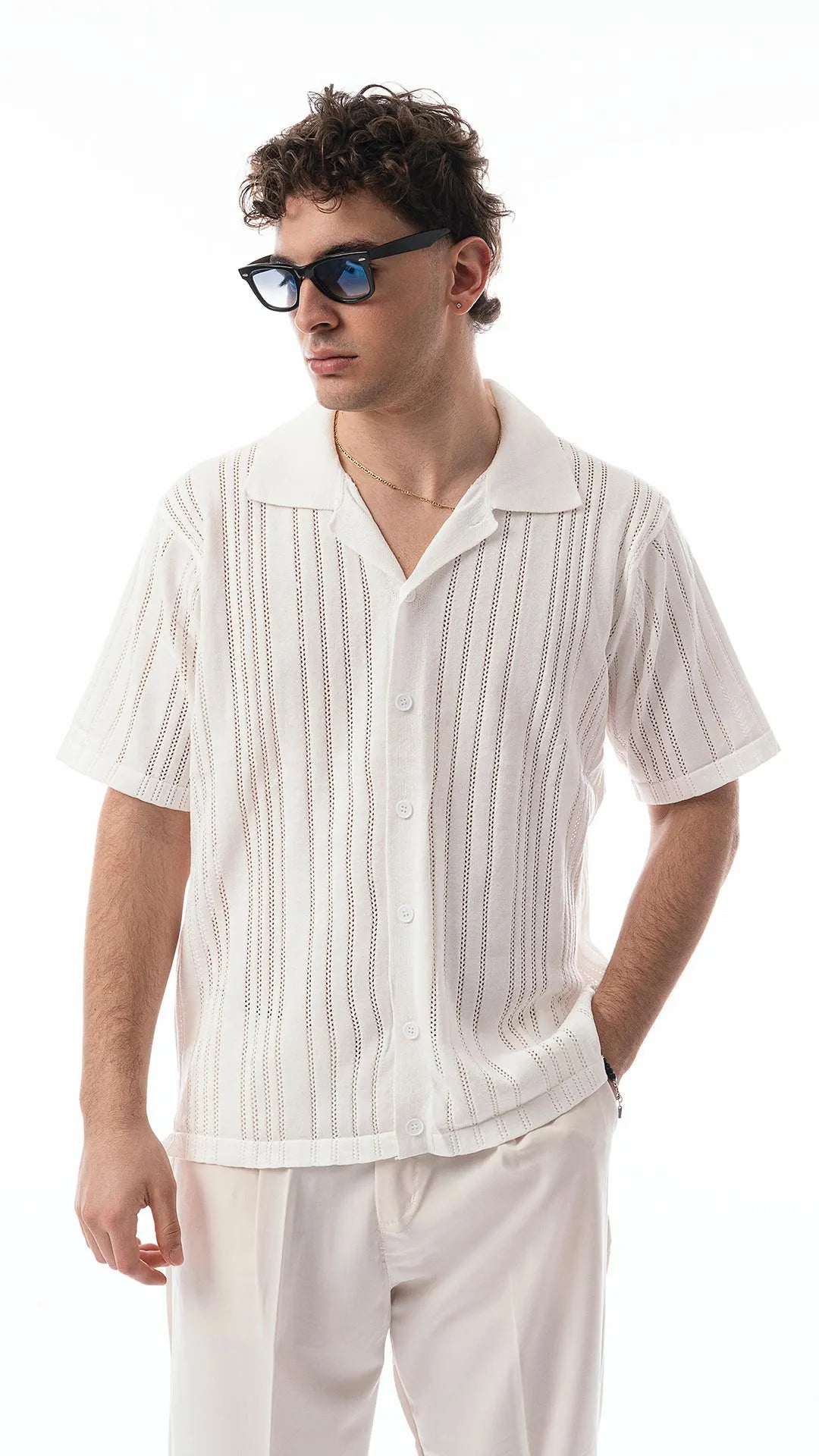 Camicia mezze maniche in tessuto traforato testurizzato - bianco ottico