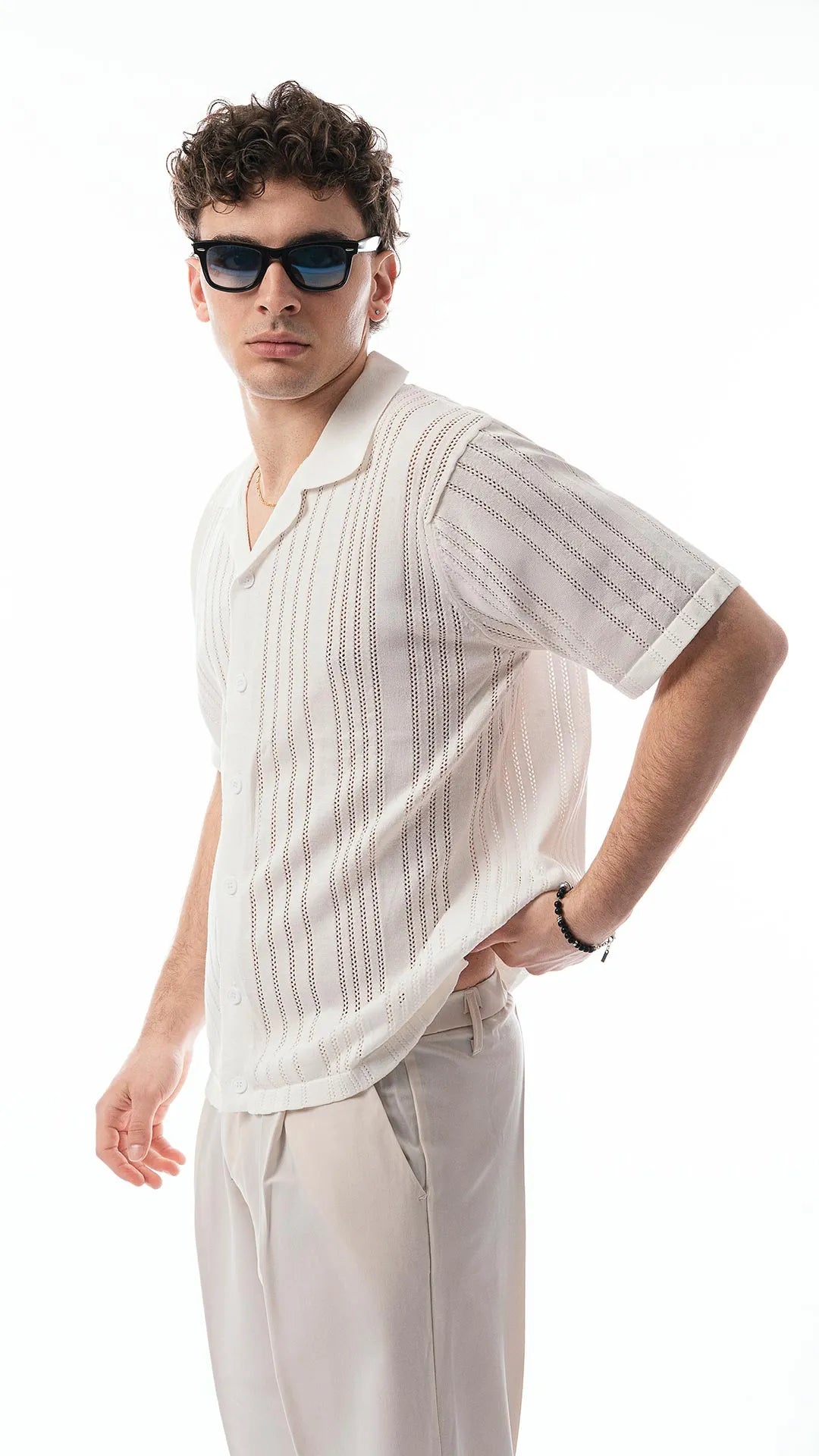 Camicia mezze maniche in tessuto traforato testurizzato - bianco ottico