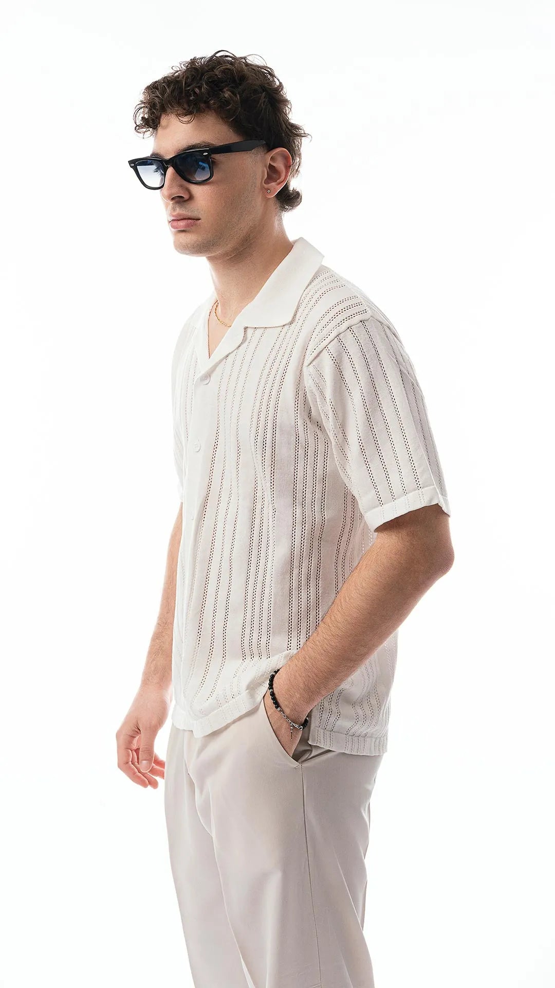 Camicia mezze maniche in tessuto traforato testurizzato - bianco ottico