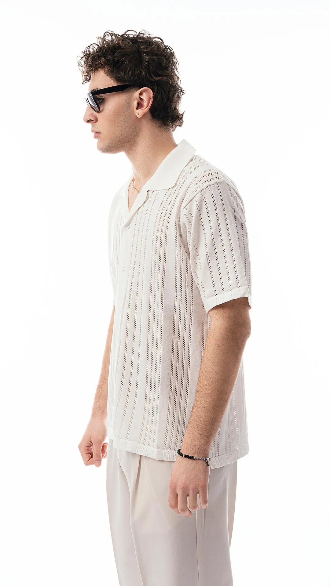 Camicia mezze maniche in tessuto traforato testurizzato - bianco ottico