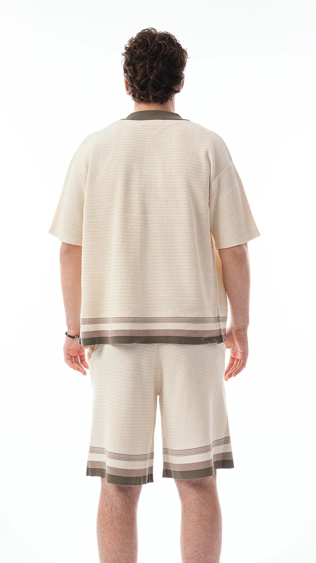 Coordinato da Uomo Estivo in 100% Cotone – Camicia e Bermuda Avorio con Profili Verde Oliva e Moka