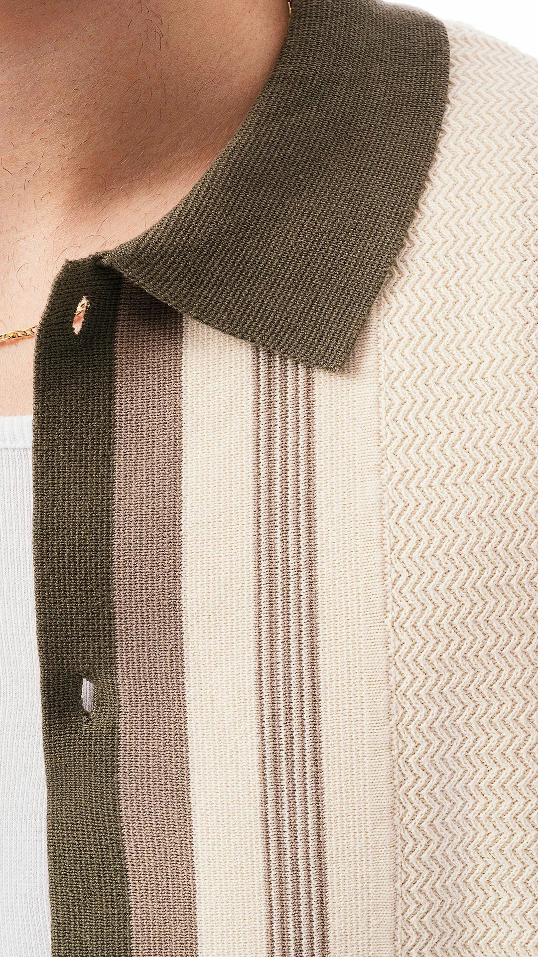 Coordinato da Uomo Estivo in 100% Cotone – Camicia e Bermuda Avorio con Profili Verde Oliva e Moka