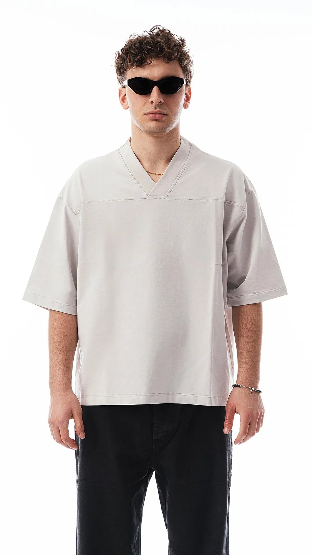 T-shirt Oversize Grigio Ghiaccio– Scollo a V – 100% Cotone Premium