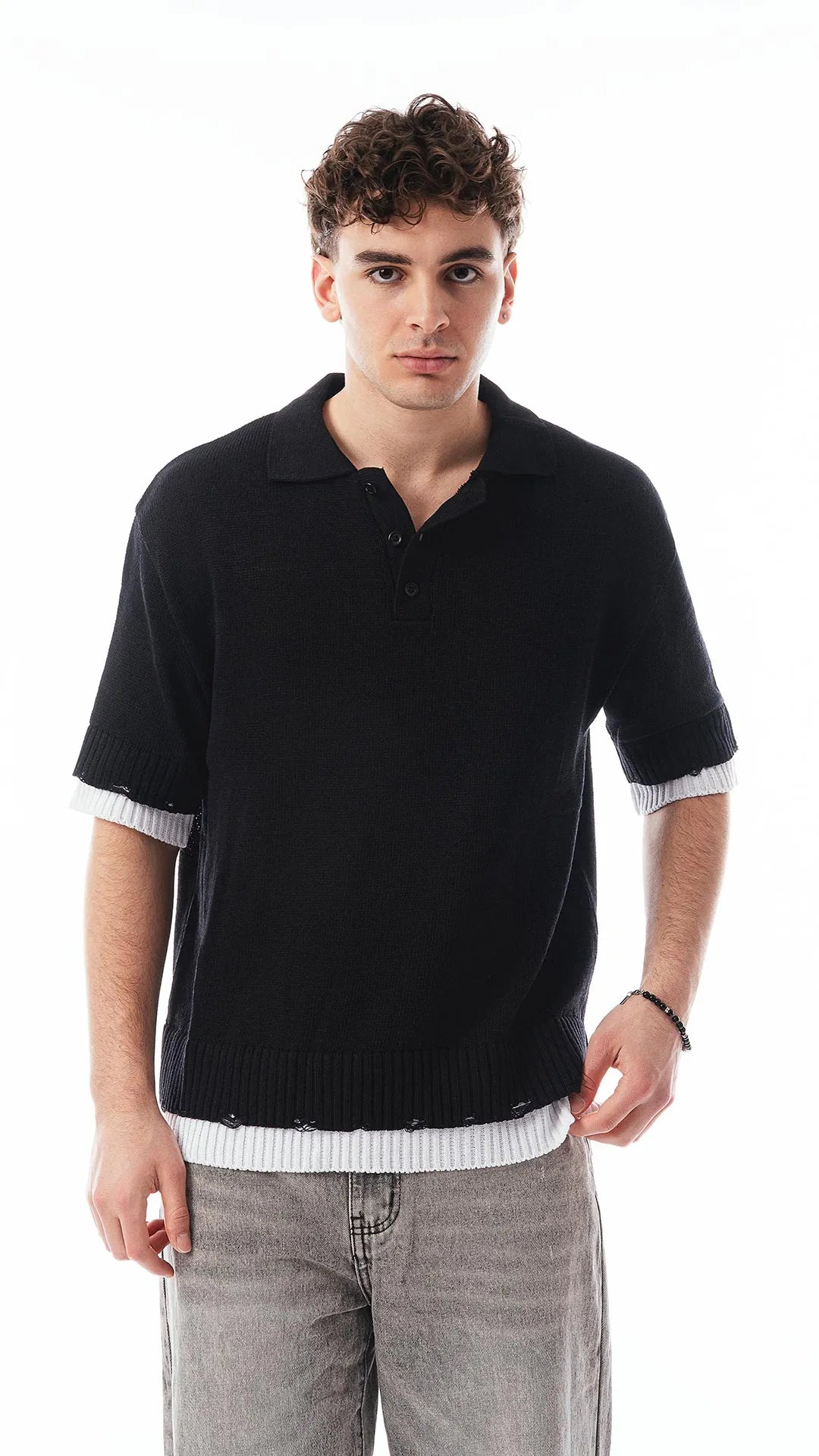 Polo Oversize Uomo Nera – Effetto Doppia Maglia, Dettagli Destroy, 100% Cotone
