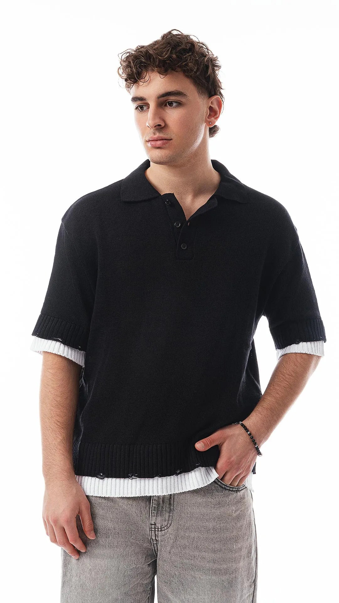 Polo Oversize Uomo Nera – Effetto Doppia Maglia, Dettagli Destroy, 100% Cotone